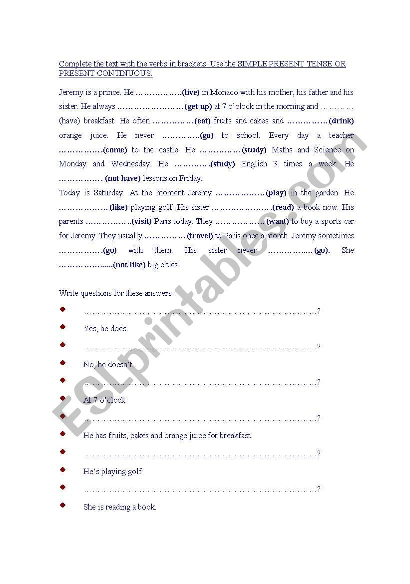 Prince Jeremy worksheet