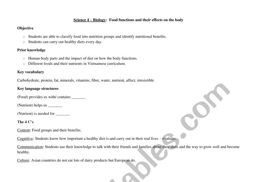 Food functions and their effects on the body