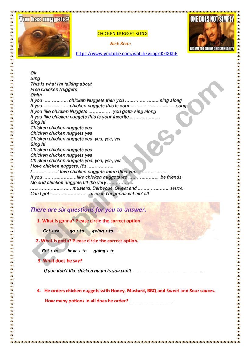 tHE CHICKEN NUGGET SONG worksheet