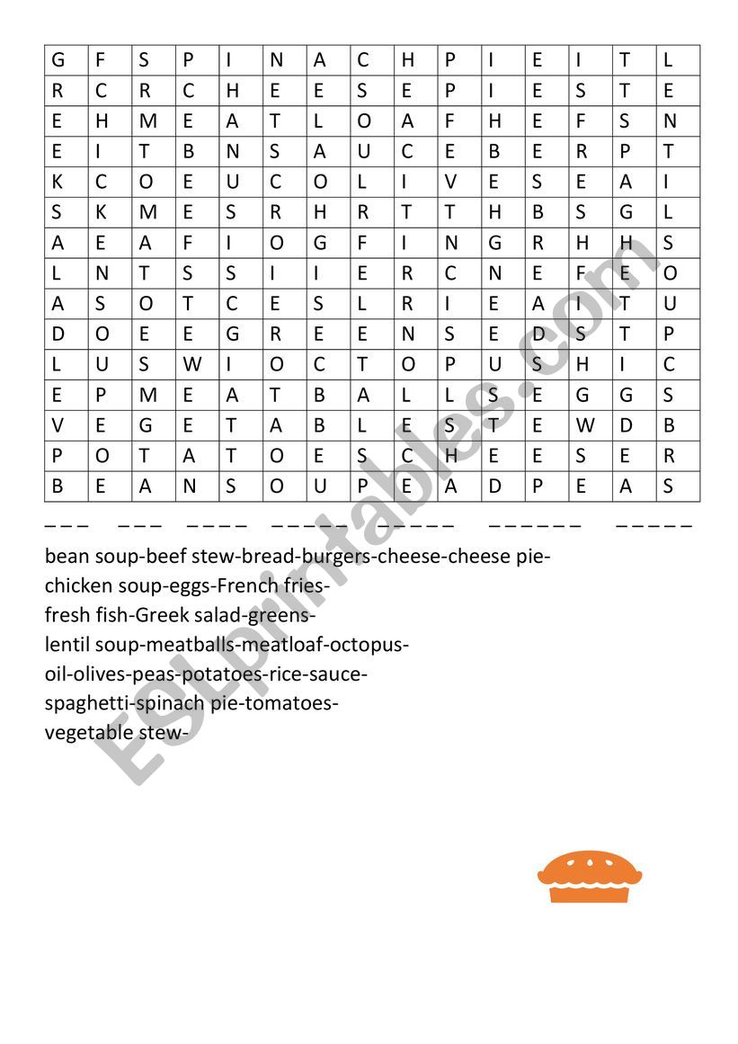 WORDSEARCH: FOOD, SPINACH PIE worksheet