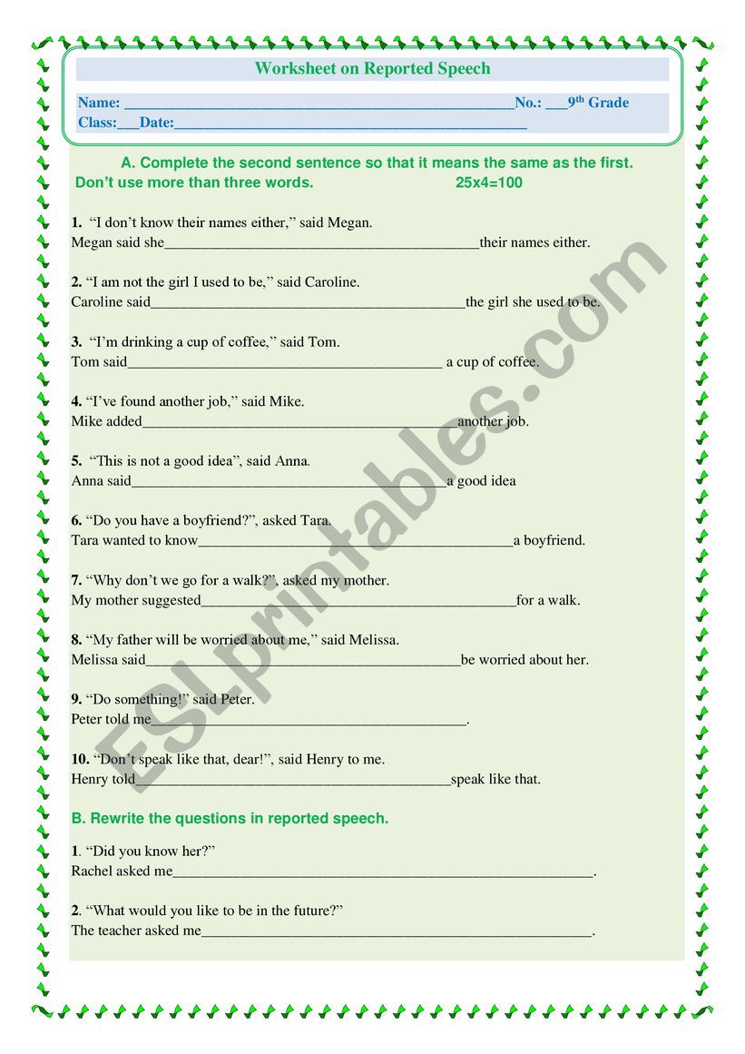 Worksheet on Reported Speech worksheet