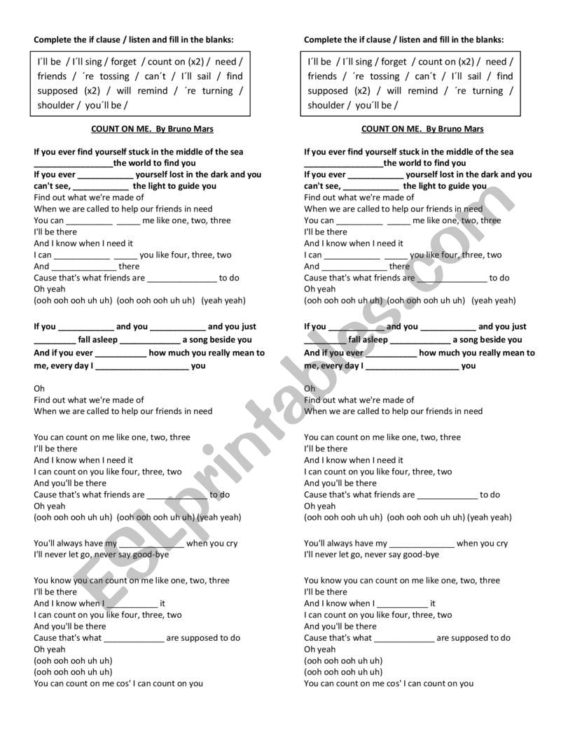 COUNT ON ME. BRUNO MARS worksheet