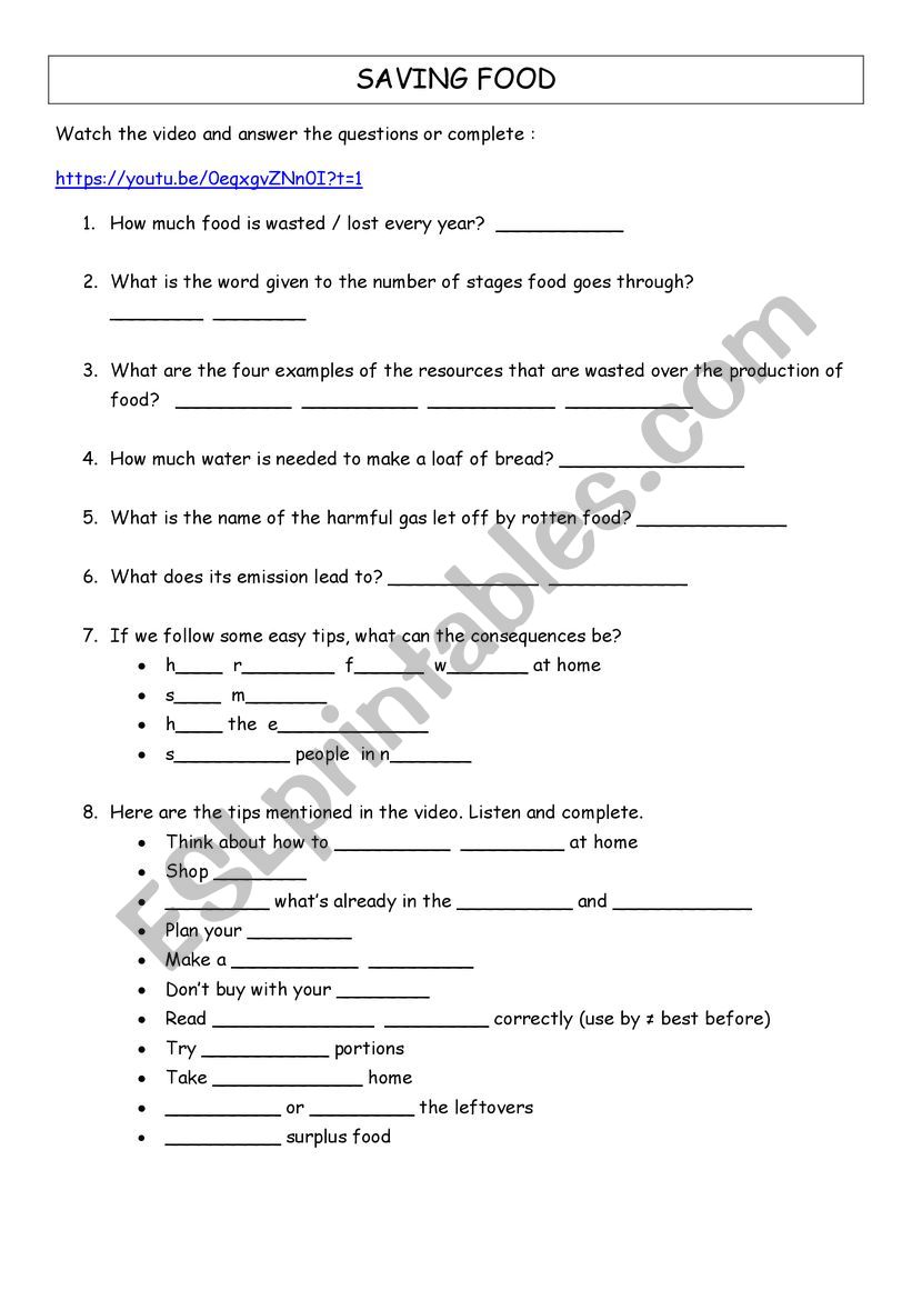 Saving food worksheet