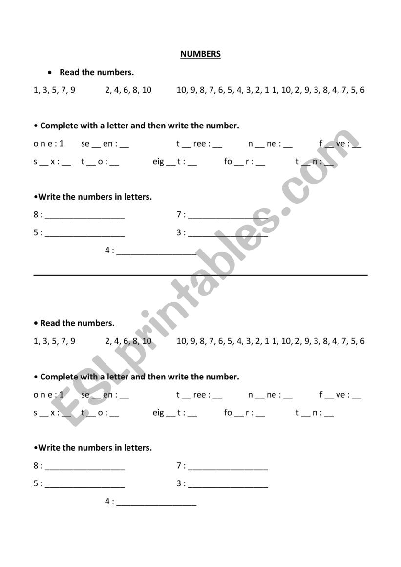 NUMBERS worksheet