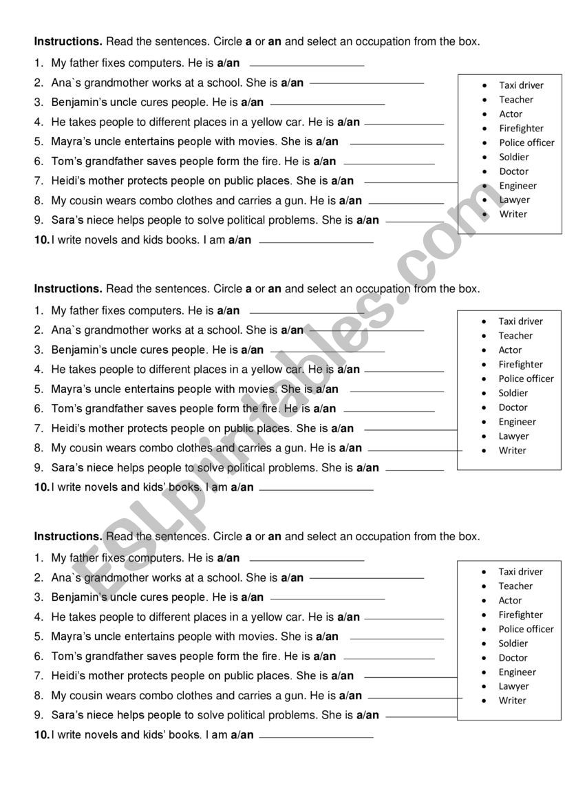 Fill in the blanks- Occupations - ESL worksheet by Ferggc98