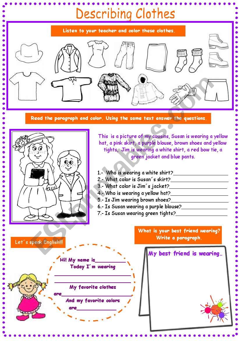 Describing Clothes (4 skills) for kids (My first try) - ESL worksheet by  karen1980