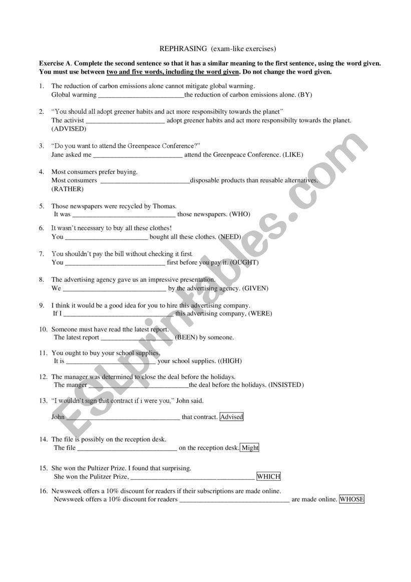 Rephrasing exercises worksheet