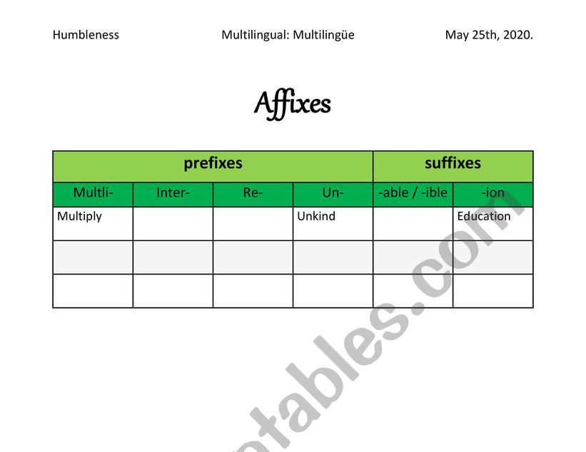 Affixes Explanation worksheet
