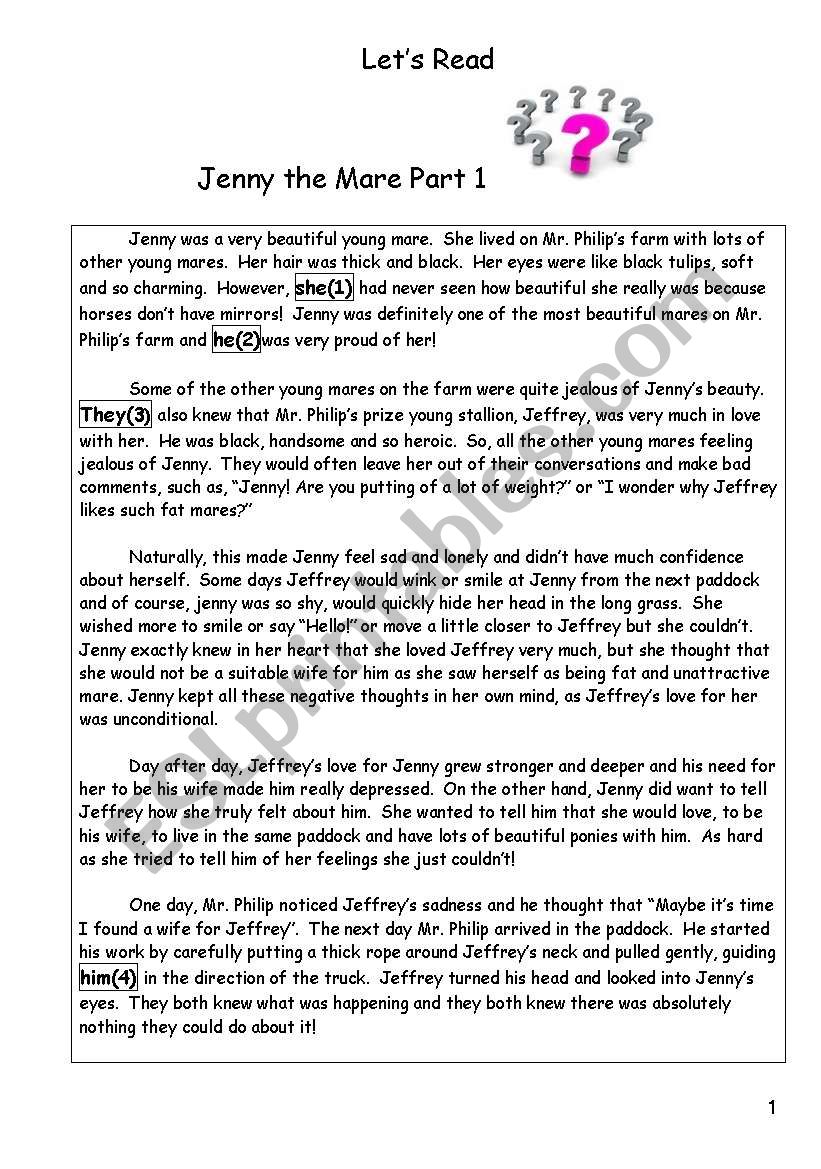 Jenny the Mare Part 1 worksheet