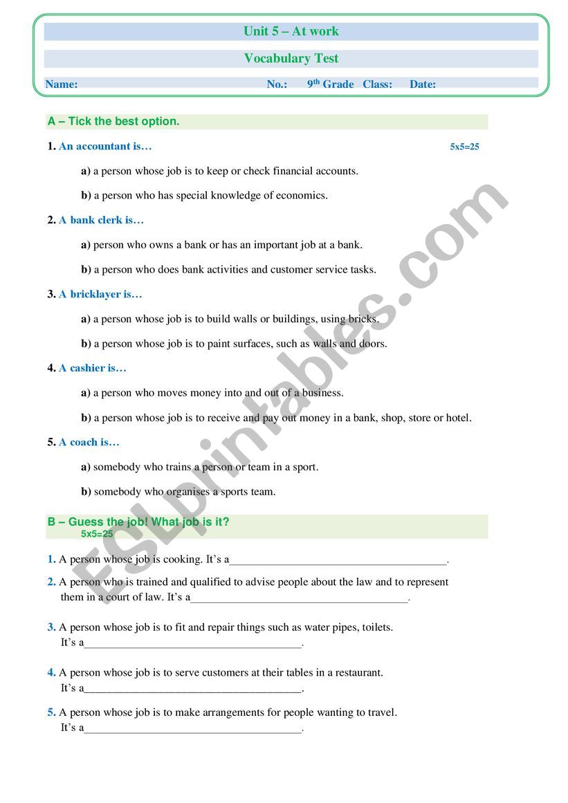 Vocabulary Test worksheet
