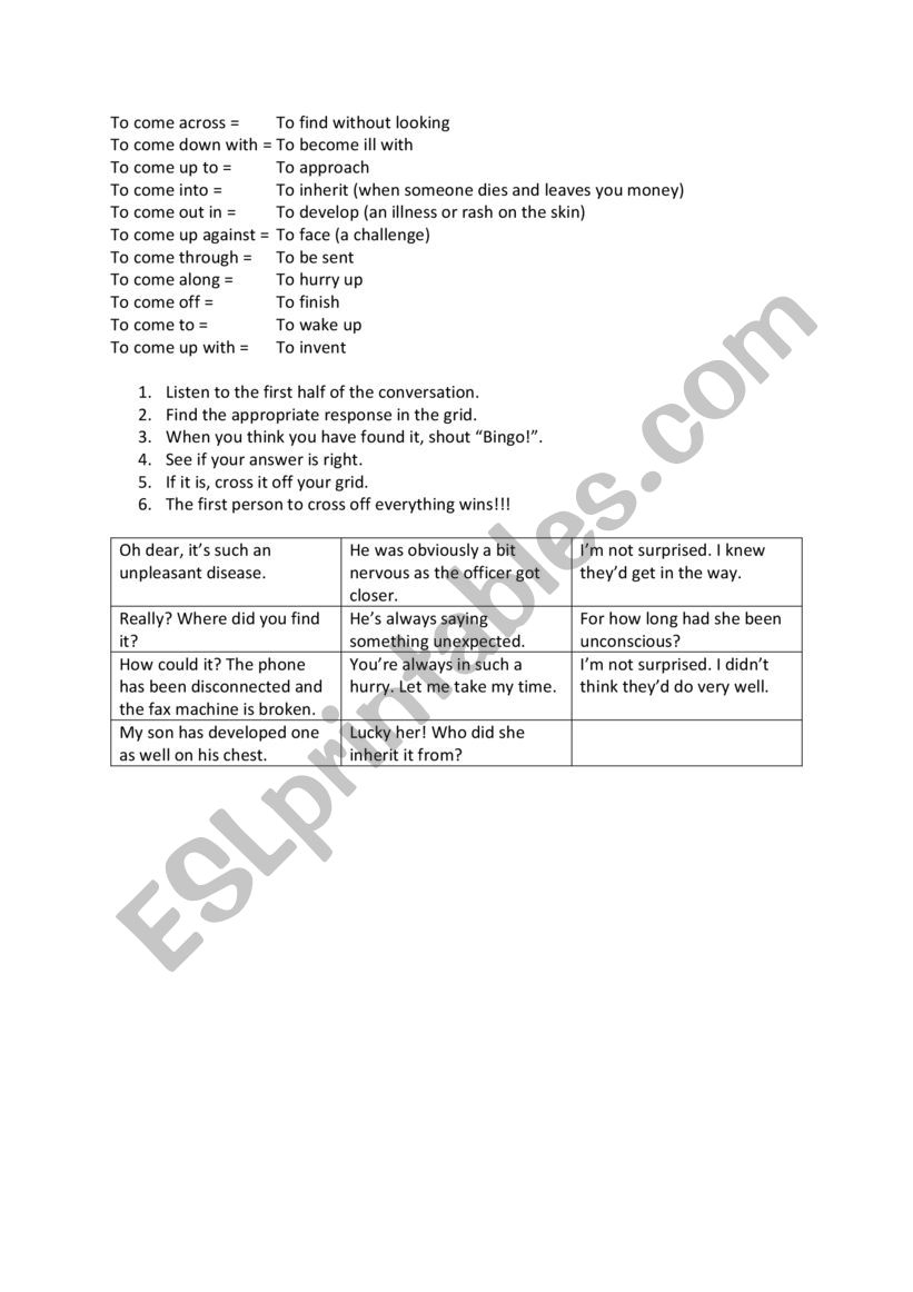 Phrasal verb bingo worksheet