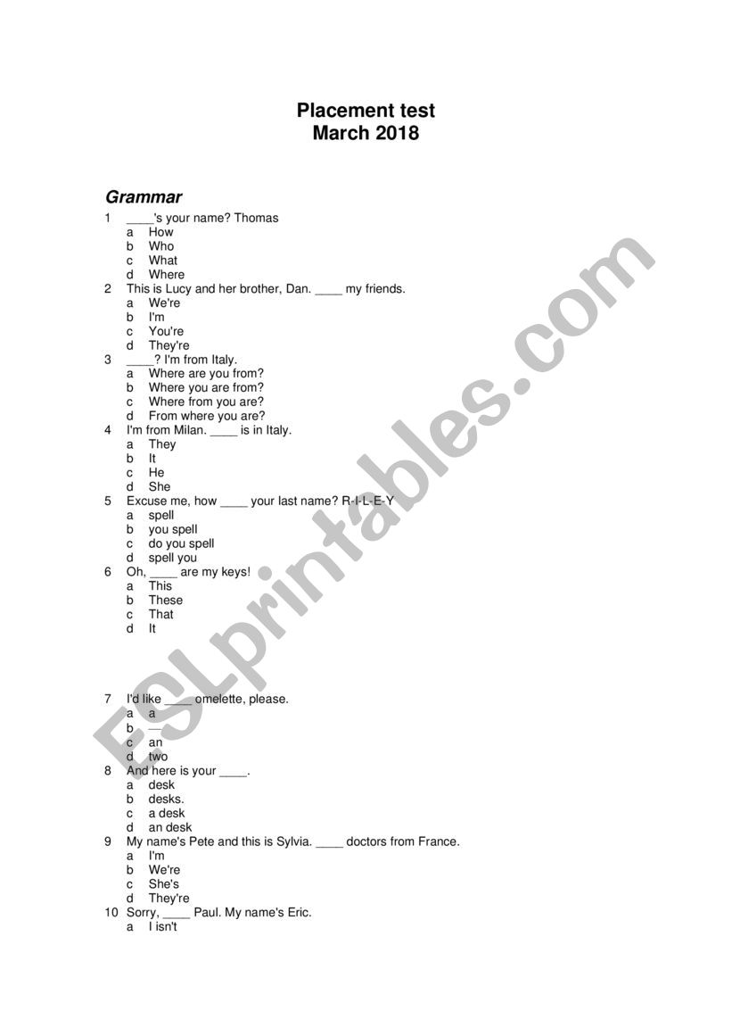 placement test worksheet