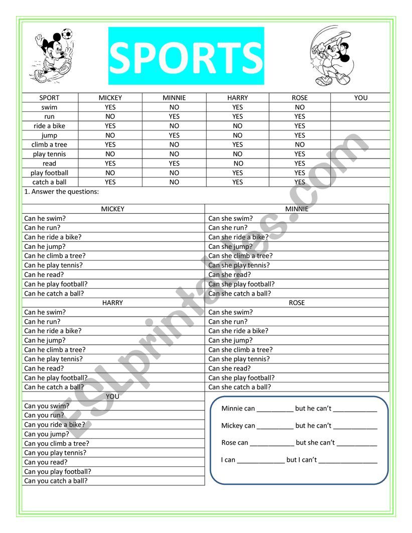Sports free time worksheet