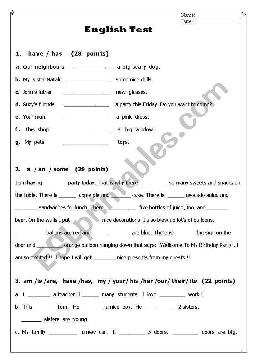 Progress Test -  elementary worksheet