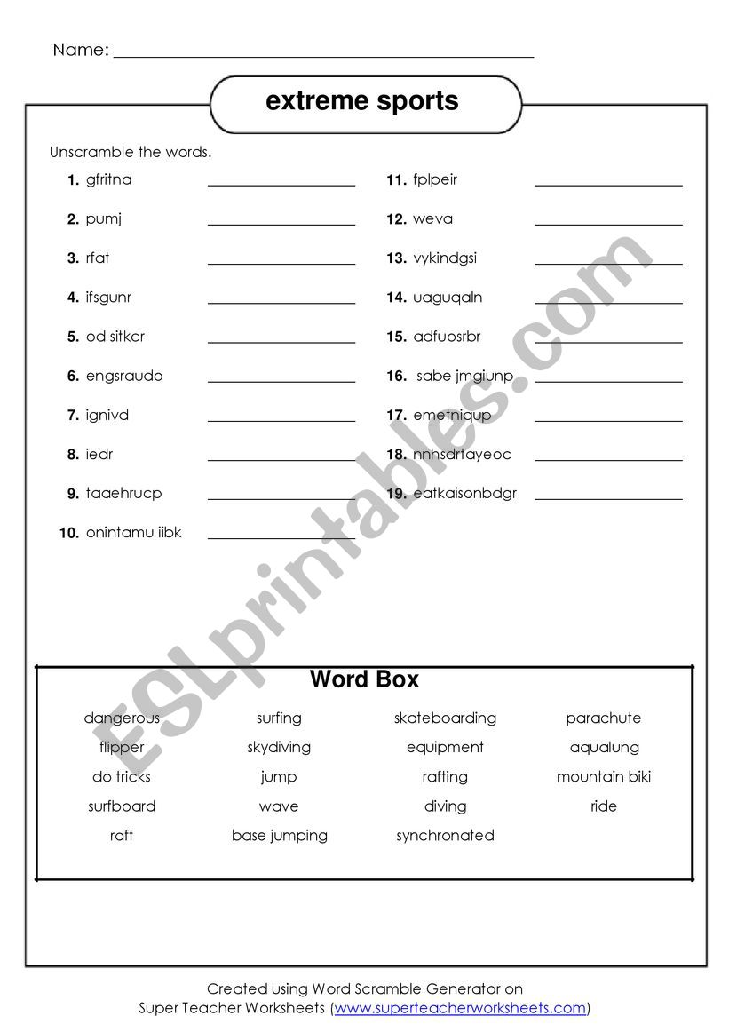 Extreme sports worksheet