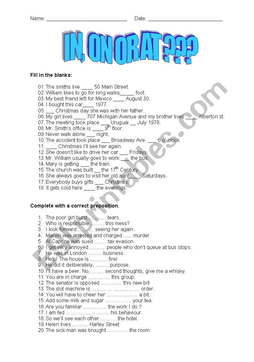 IN, ON or AT ?  worksheet