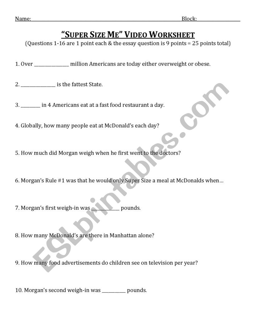 Super size me worksheet worksheet