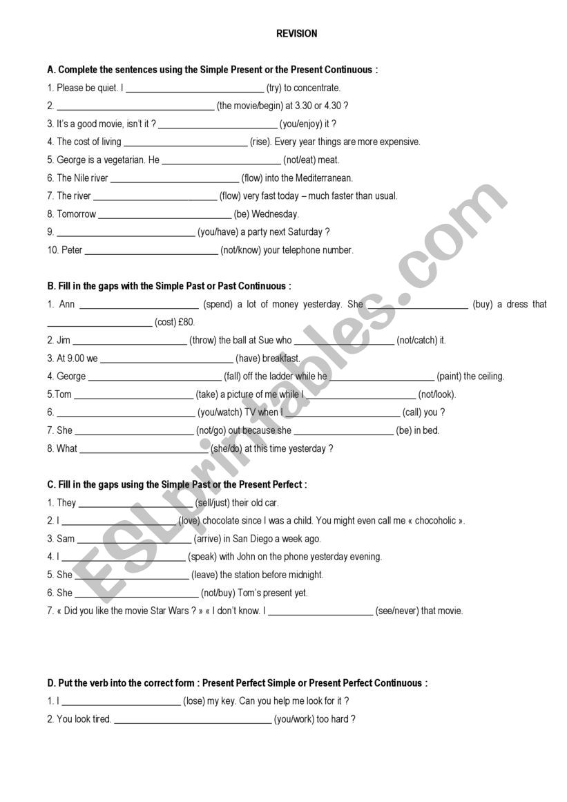 Verb tense revision exercises worksheet