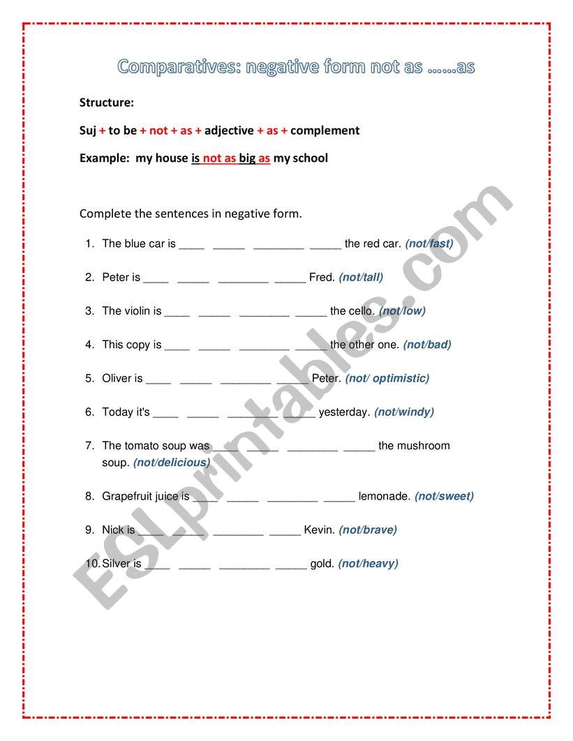 comparative not as...as worksheet