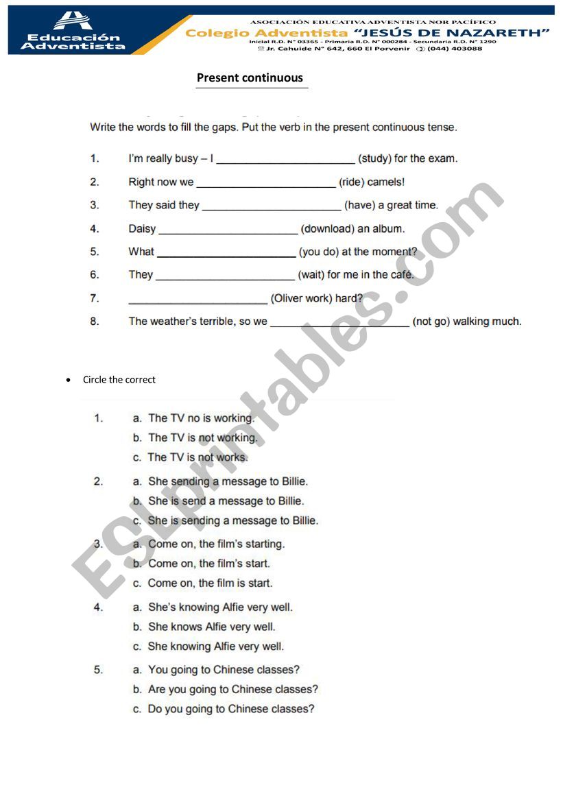 PRESENT PROGRESSIVE worksheet