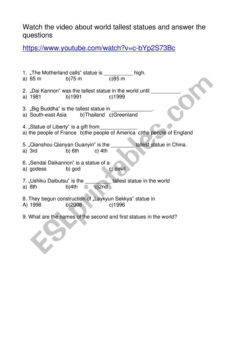 Statues worksheet