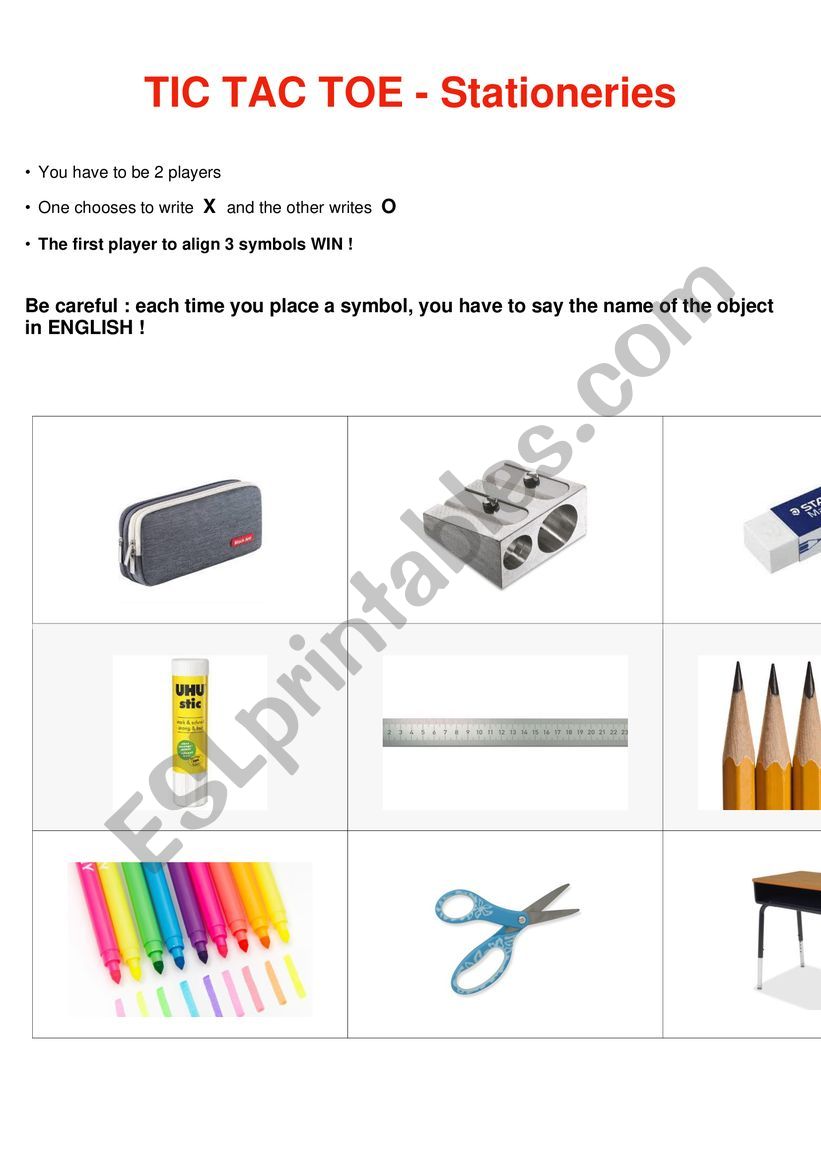 stationery Tic Tac Toe worksheet