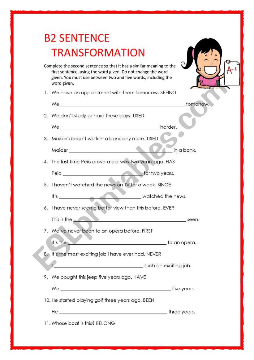 B2 SENTENCE TRANSFORMATION 1 worksheet