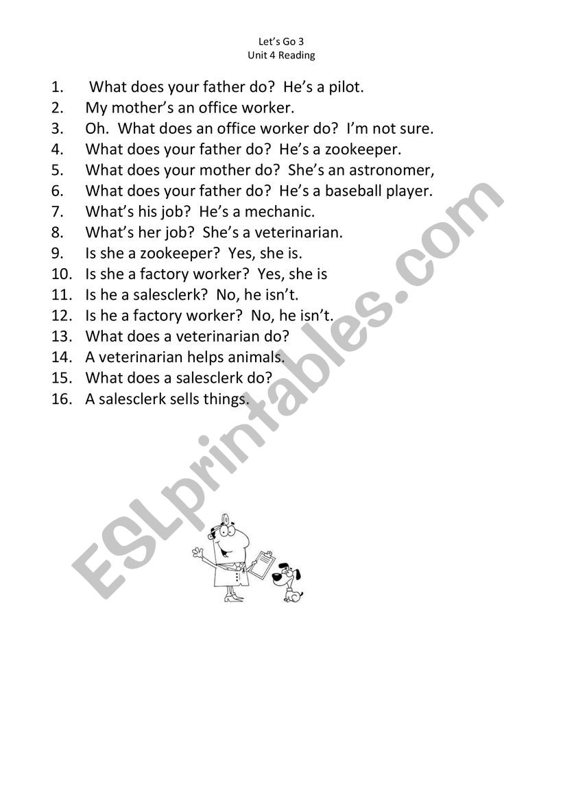 Letï¿½s Go 3, Unit 4 Reading worksheet