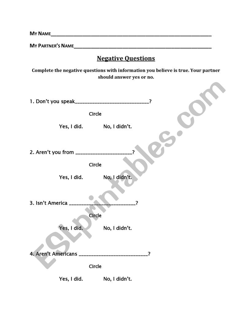 Negative Questions worksheet