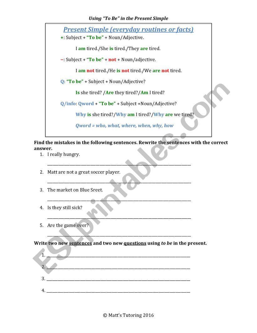 present simple to be in sentences and questions with error correction