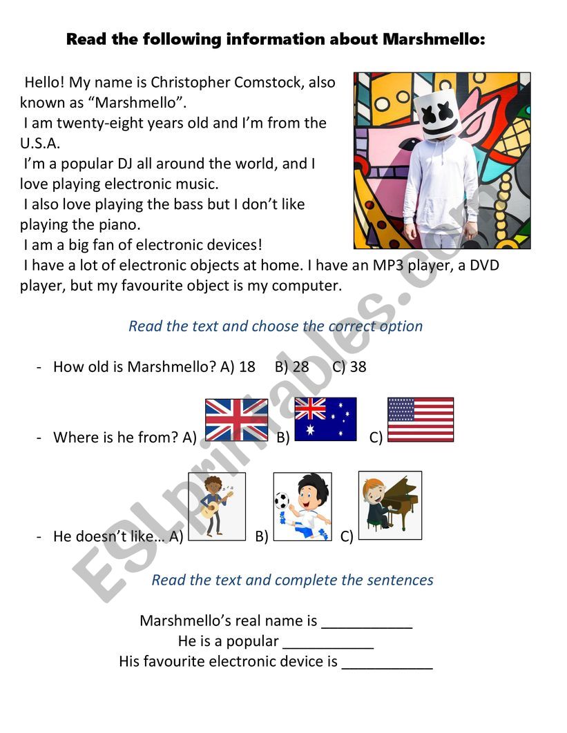 Reading activity: Marshmello worksheet