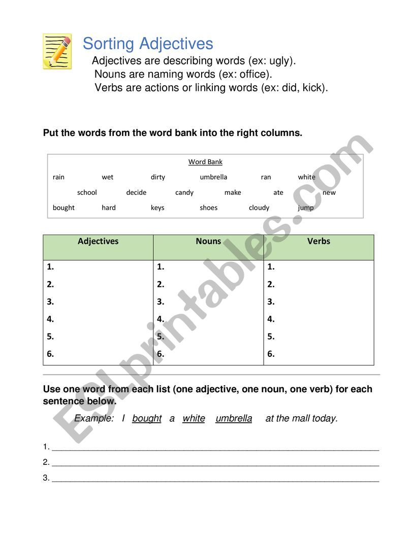 Sorting Adjectives worksheet