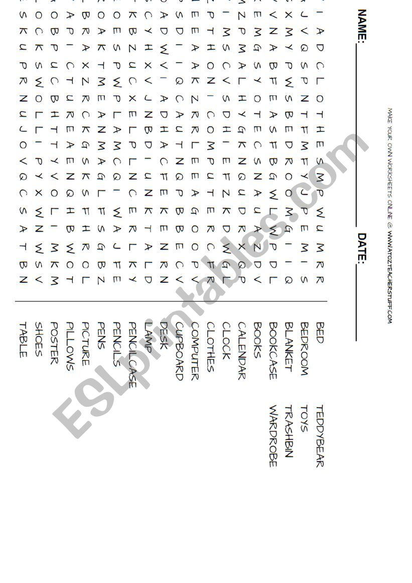 Things in the Bedroom worksheet