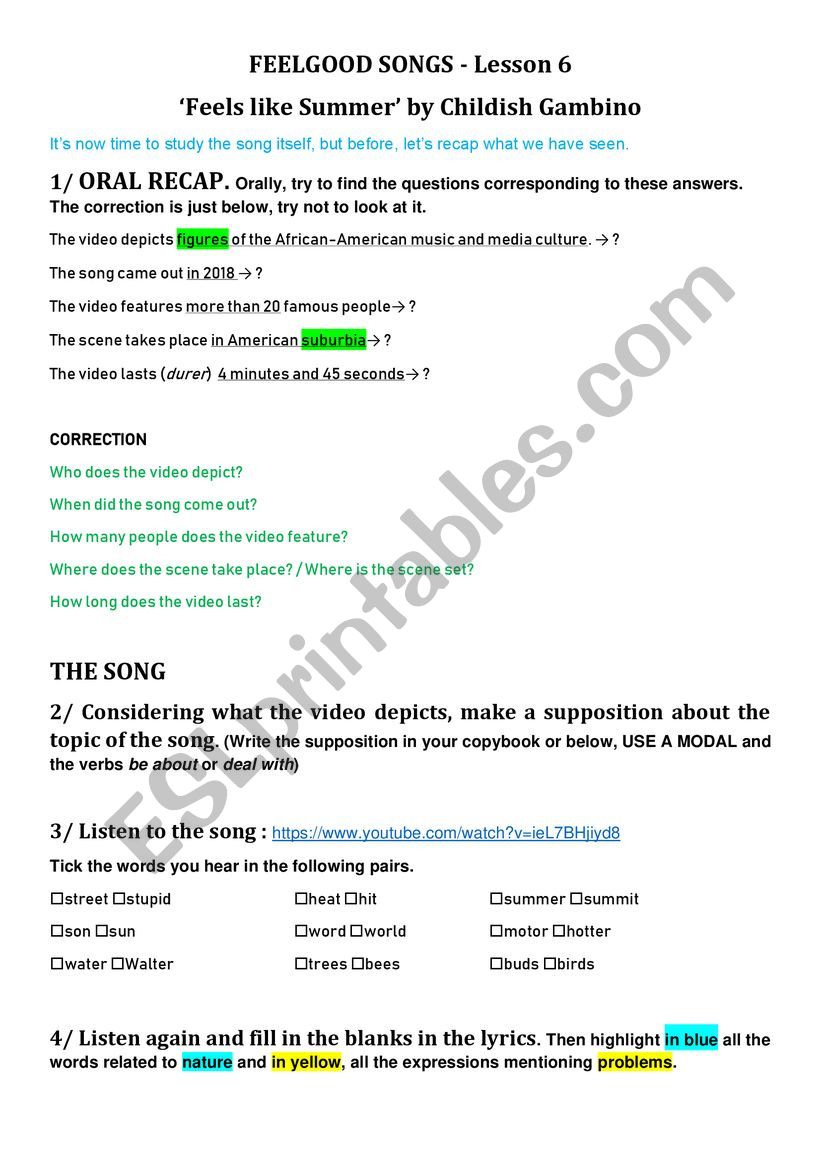 Feelgood songs worksheet