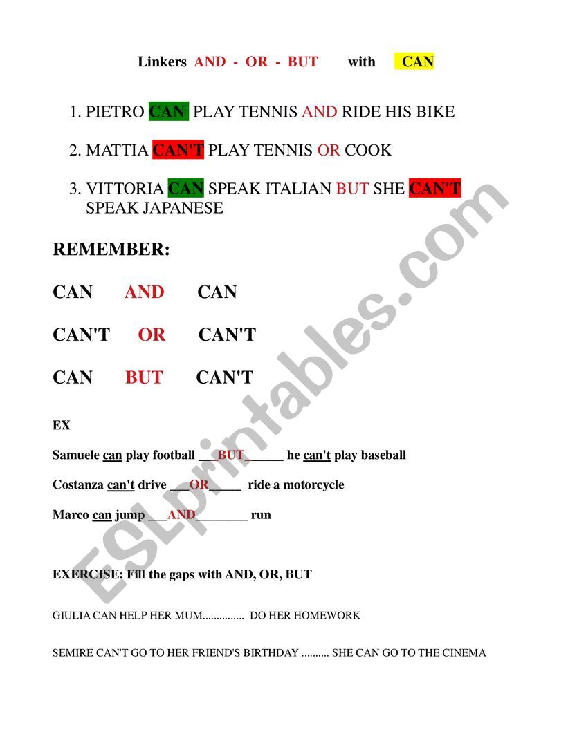 and, or, but + CAN worksheet