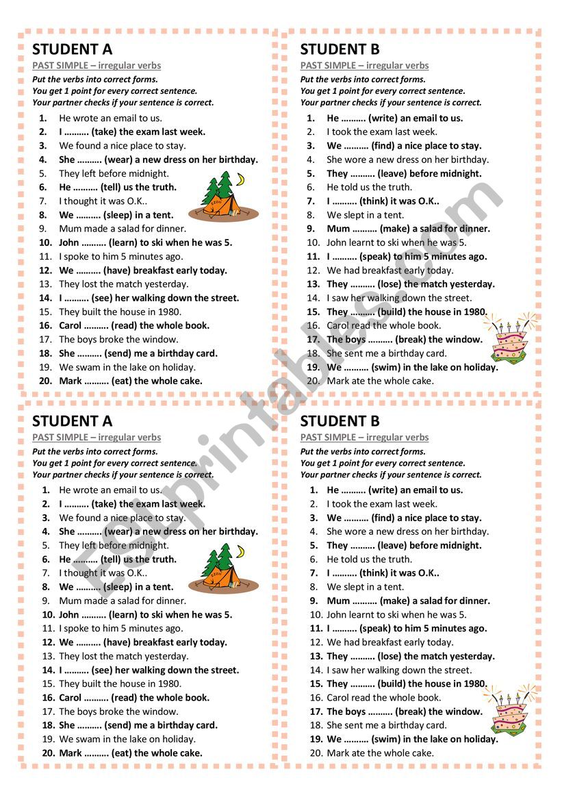 Past Simple - irregular verbs III - pair work