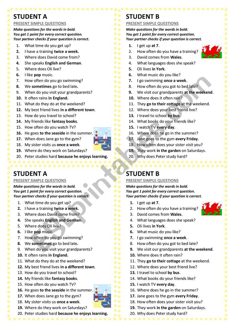 Present Simple - questions - pair work