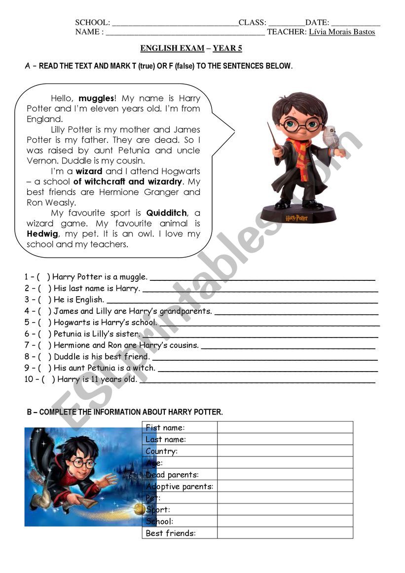 Harry Potter Exam worksheet