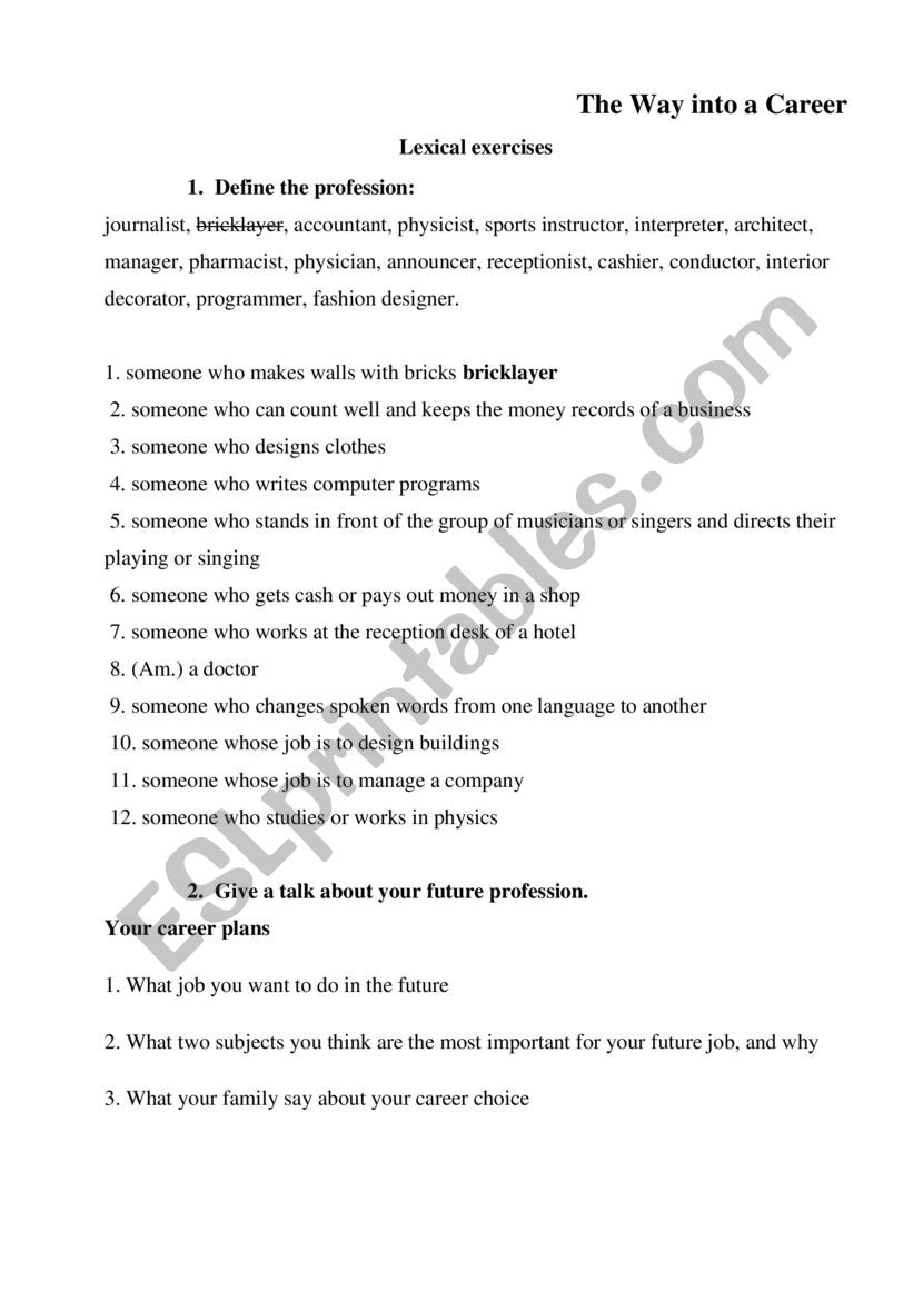 The way into your Career. worksheet
