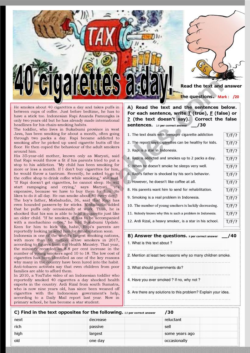 40 CIGARETTES A DAY - TEST - Reading + exercises + KEY