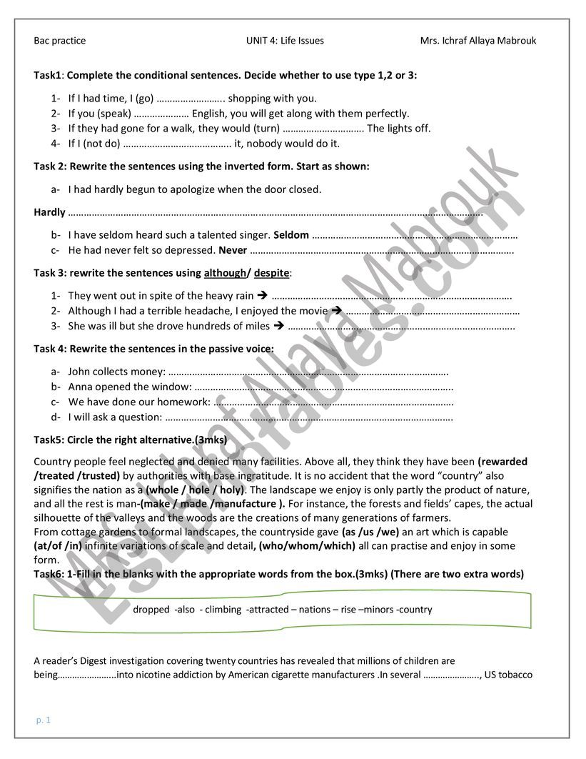 life issues BAC revision worksheet