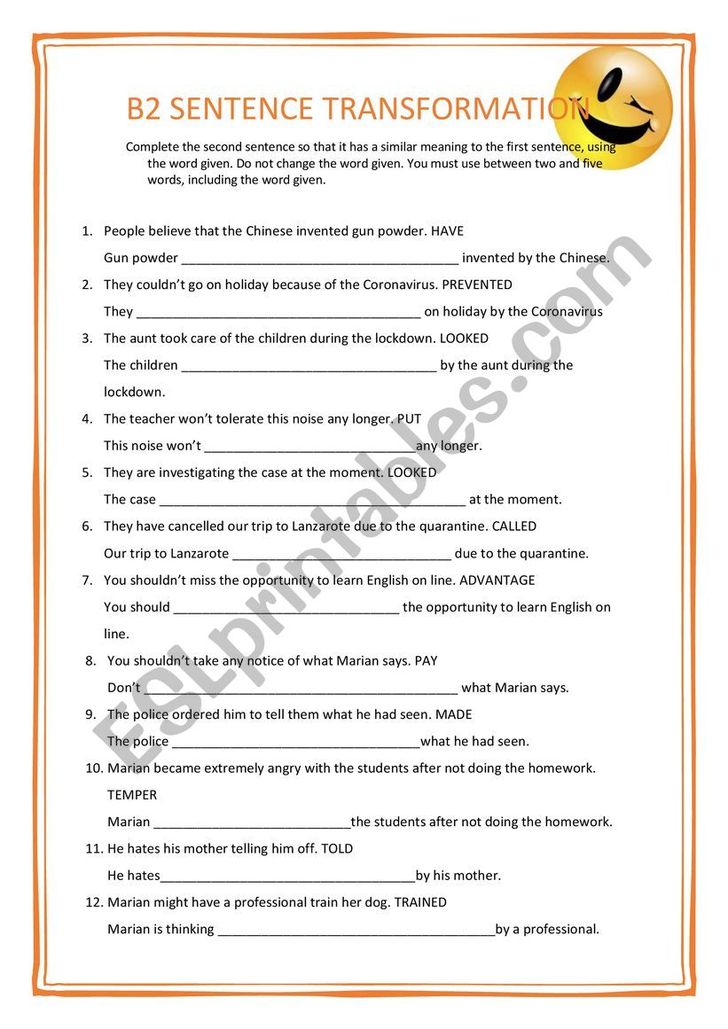 B2 SENTENCE TRANSFORMATION 3  worksheet