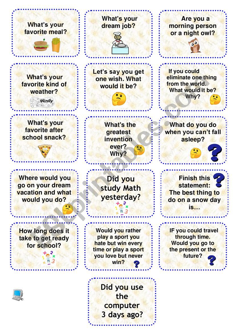 Speaking cards worksheet Speaking cards worksheet