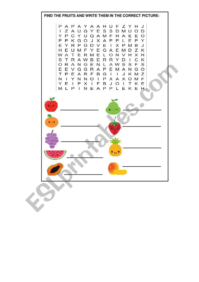 Fruits word hunt worksheet
