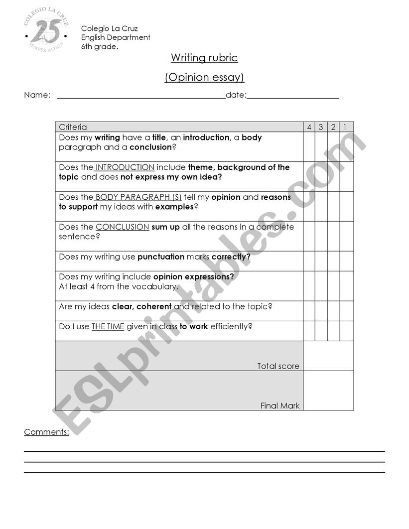 writing rubric  worksheet