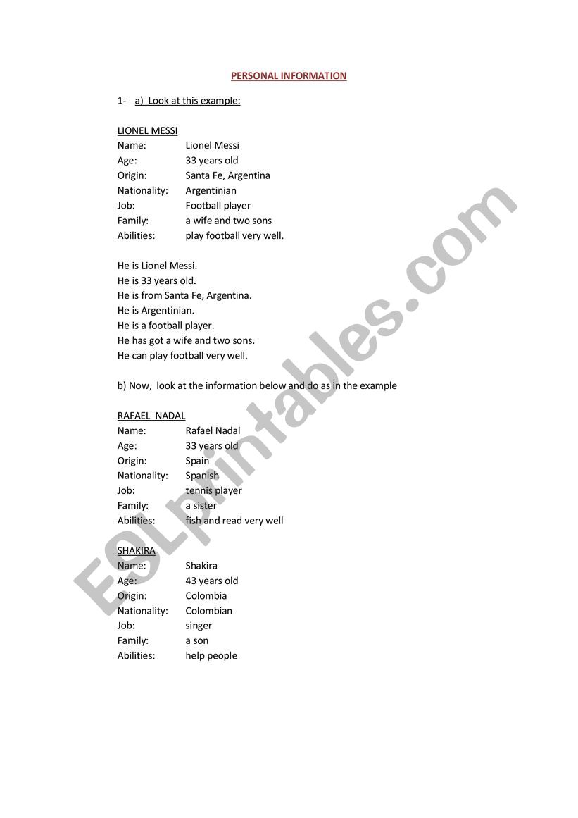 PRSONAL INFORMATION worksheet