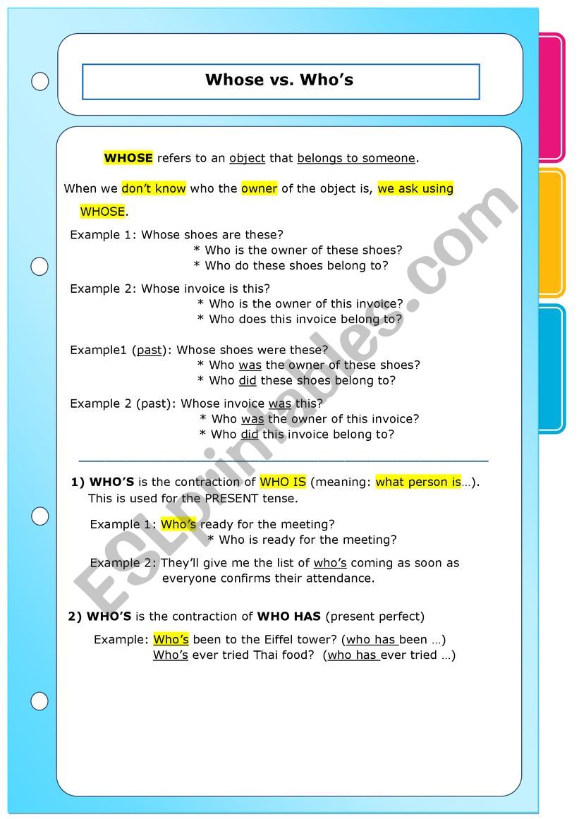 Whose vs. WhoÂ´s worksheet