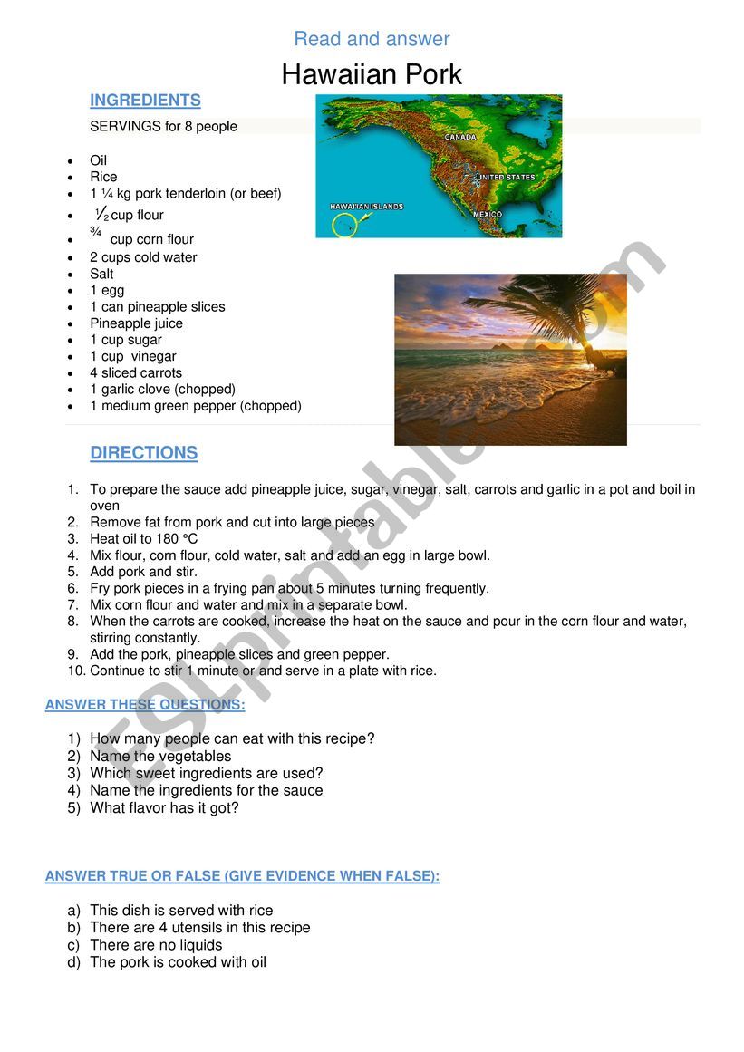 HAWAIIAN PORK RECIPE worksheet