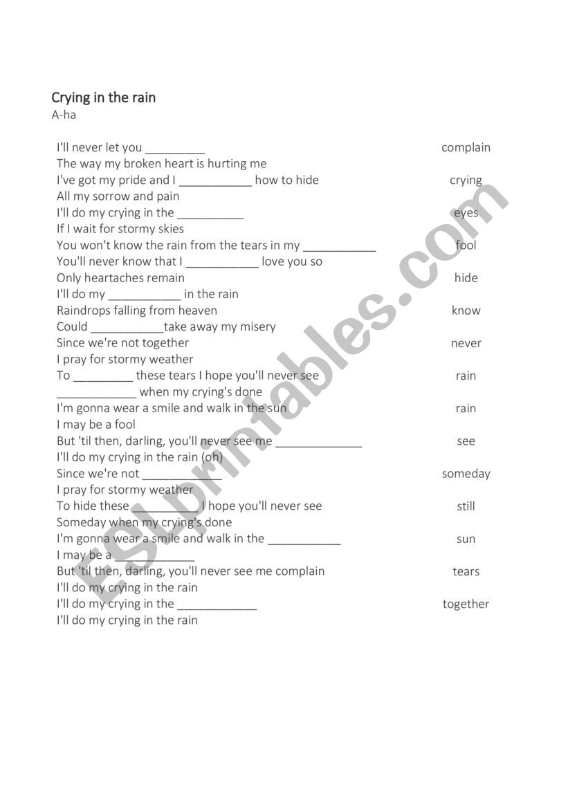 Crying in the rain - Aha worksheet