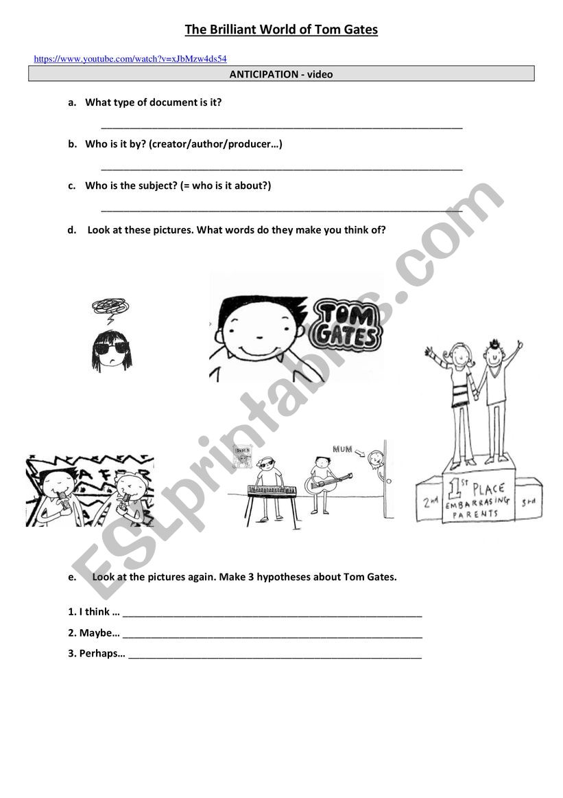 Tom Gates (part 1 out of 2) worksheet